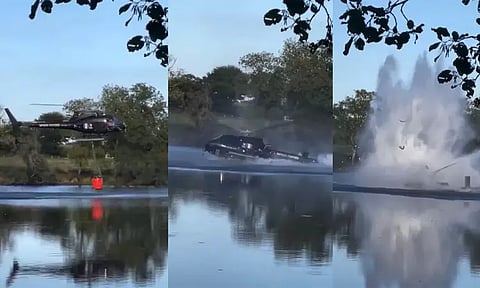 காட்டுத்தீயை அணைக்க தண்ணீர் சேகரித்தபோது ஏரிக்குள் விழுந்த ஹெலிகாப்டர்; வைரல் வீடியோ