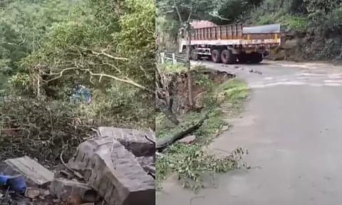 500 அடிபள்ளத்தில் லாரி கவிழ்ந்து விபத்து: நல்வாய்ப்பாக தப்பிய 2 பேர்