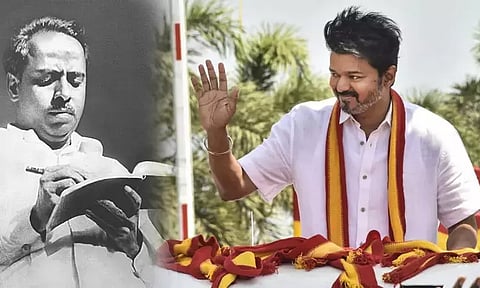 ‘இரட்டை வேடம் போடாமல் மக்களுக்காக உண்மையாக உழைத்தவர் அண்ணா’ - த.வெ.க. தலைவர் விஜய்