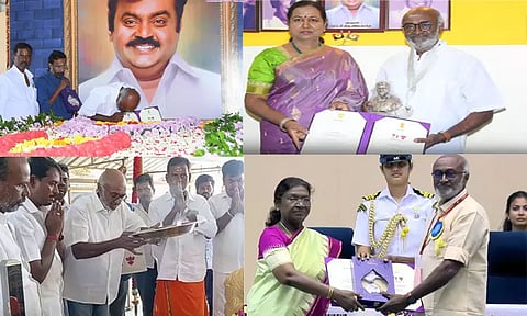 விஜயகாந்த் நினைவிடத்தில் தேசிய விருதை வைத்து எம்.எஸ்.பாஸ்கர் மரியாதை