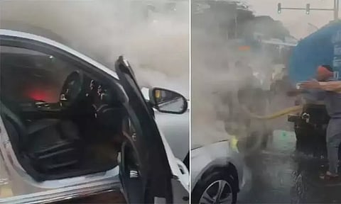 நடுரோட்டில் தீப்பற்றி எரிந்த சொகுசு கார் - 5 வயது மகனுடன் உயிர் தப்பிய பெண்