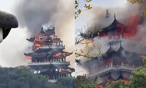 சுற்றுலாவாசியின் தவறால்... சீனாவில் 1,500 ஆண்டுகள் பழமையான கோவிலில் தீ; வைரலான வீடியோ