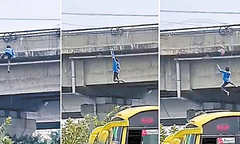 மேம்பால கேபிளை பிடித்து இறங்க முயற்சி.. அந்தரத்தில் இருந்து கீழே விழுந்த வாலிபர்