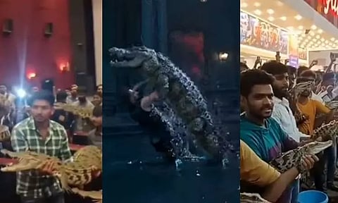 Fans came to the theatre with a crocodile to watch the movie 'The Raja Saab'...