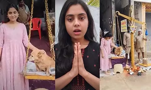 கோவில் திருவிழாவில் நாய்க்குட்டியை வைத்து துலாபாரம் செலுத்திய நடிகையால் சர்ச்சை