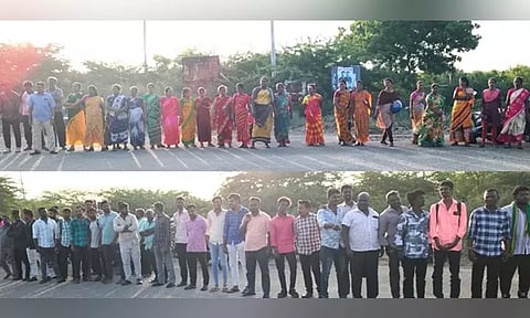 அனல்மின் நிலைய ஒப்பந்த தொழிலாளர்கள் மனித சங்கிலி போராட்டம்