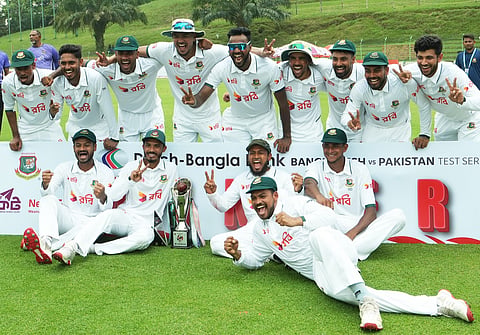 The victorious Bangladesh team celebrate after clean-sweeping Pakistan 2-0 in a two-match Test series at the Sylhet International Cricket Stadium on 20 May, 2026.