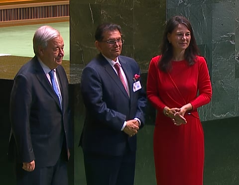 Screengrab shows Bangladesh Foreign Minister Dr Khalilur Rahman posing for photograph with UN Secretary-General after being elected as President of the 81st session of the UNGA.