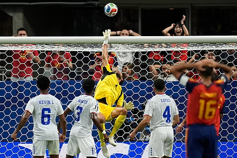 Cape Verde goalkeeper Vozinha (1) makes a save during the World Cup Group H soccer match between Spain and Cape Verde in Atlanta, Monday, June 15, 2026