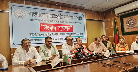 The Bangladesh Restaurant Owners Association (BROA) urge the government to set uniform VAT rate on restaurants and catering services at a press conference in the capital on 19 June, 2026.