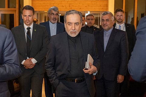 Iranian Foreign Minister Seyyed Abbas Araghchi, center, arrives at the Buergenstock resort in Obbuergen, near Lucerne, Switzerland, early Sunday, June 21, 2026.