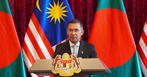 Prime Minister Tarique Rahman addresses a joint press conference with his Malaysian counterpart following a bilateral meeting at Perdana Putra, the office of the Malaysian Prime Minister at Putrajaya on Monday.
