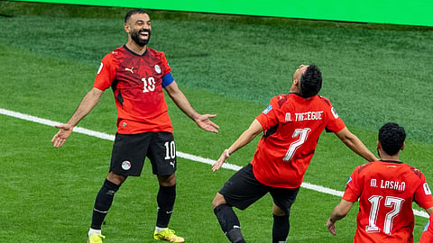 Egypt’s Trezeguet (7) celebrates his goal against New Zealand with teammate Mohamed Salah (10) during the World Cup Group G match between New Zealand and Egypt in Vancouver, Canada on Sunday.