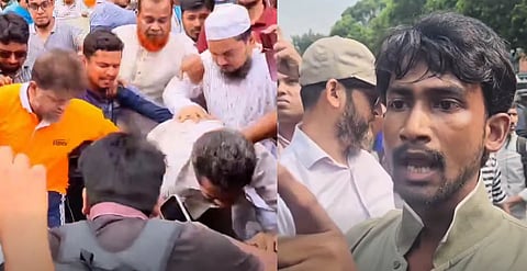 Screengrab collage showing an attack on a journalist during a rally in the capital's Dhanmondi called by Jamaat-e-Islami on 23 June, 2026.