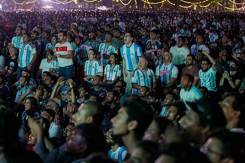Argentina ambassador to Bangladesh Marcelo Carlos Sessa joins the fans during Argentina vs Austria match