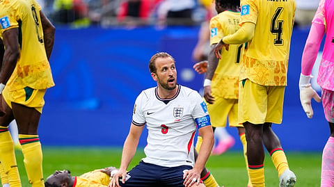 England's Harry Kane (9) reacts after missing a shot on goal during the World Cup Group L match between England and Ghana in Foxborough, near Boston on Wednesday.