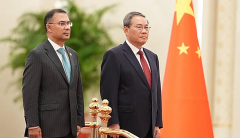 Prime Minister Tarique Rahman was warmly welcomed by Chinese Prime Minister Li Qiang at the Great Hall of the People in Beijing.