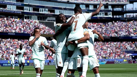 France's Ousmane Dembele celebrates with his teammates after one of his three goals against Norway in their final Group I match of the FIFA World Cup 2026 in Boston on Saturday.