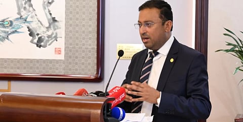 Prime Minister's Foreign Affairs Adviser Humaiun Kobir briefs reporters at the Diaoyutai State Guest House on June 26, 2026