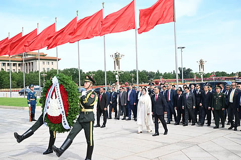 Prime Minister Tarique Rahman, Dr Zubaida Rahman on June 26, 2026 paid tributes at the Monument to the People's Heroes at the Tiananmen Square.