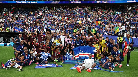 The history-making Cape Verde squad and support staff pose for a photo after their 0-0 draw against Saudi Arabia in their final Group H match of the FIFA World Cup 2026 in Houston on Saturday.