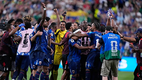 Cape Verde team members celebrate after the World Cup Group H match between Cape Verde and Saudi Arabia in Houston on Saturday.