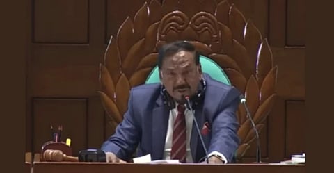 Speaker Hafiz Uddin Ahmad speaks during the general discussion on the proposed national budget for FY2026–27 in the Jatiya Sangsad on Saturday.
