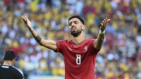 Portugal's midfielder Bruno Fernandes reacts during their Group K match against Colombia in Miami on Sunday.