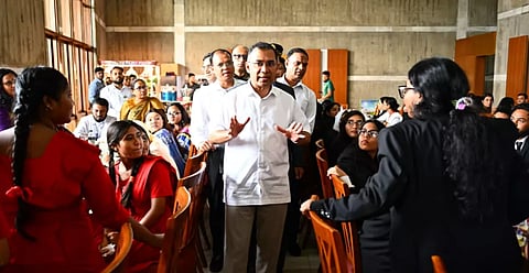 Prime Minister Tarique Rahman interacts with students and teachers at the VIP Cafeteria of the Jatiya Sangsad Bhaban on Sunday.