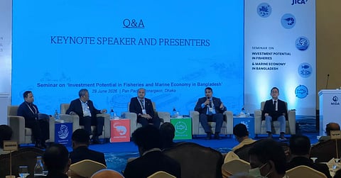 Speakers at a seminar titled "Investment Potential in Fisheries and Marine Economy in Bangladesh" organised by the Moheshkhali Integrated Development Authority (MIDA) in cooperation with the Japan International Cooperation Agency (JICA) at a city hotel on June 29, 2026.