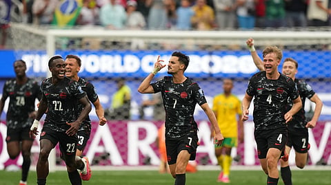 Canada's Stephen Eustaquio (7) celebrates scoring their opening goal against South Africa during the World Cup Round of 32 match in Inglewood, California on Monday