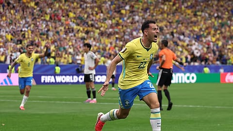Gabriel Martinelli celebrates after scoring the late winner for Brazil in their Round of 32 match against Japan in Houston on Monday.