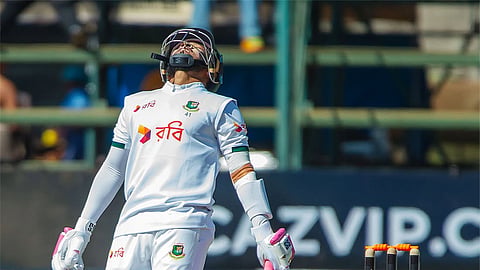 Bangladesh's Mushfiqur Rahim reacts after his dismissal on Day 3 of the one-off Test against Zimbabwe in Harare on Tuesday.