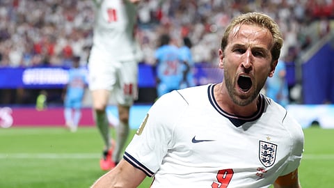 England captain Harry Kane celebrates after completing his brace against DR Congo in the Round of 32.