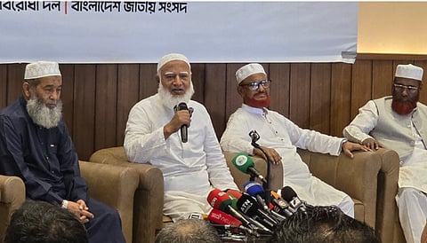 Leader of the Opposition in Parliament and Ameer of Bangladesh Jamaat-e-Islami, Dr Shafiqur Rahman, speaks on Wednesday at a post-budget view-exchange meeting with journalists.