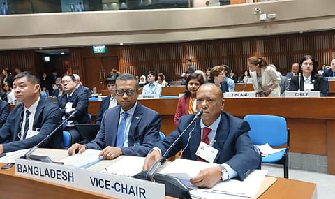 Minister Abdul Awal Mintoo speaks at a Ministerial Roundtable Intervention organized by UNESCAP in Bangkok.