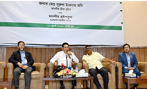 Chief Whip Md Nurul Islam speaks at a post-budget press conference at the LD Hall of the Jatiya Sangsad on Thursday.