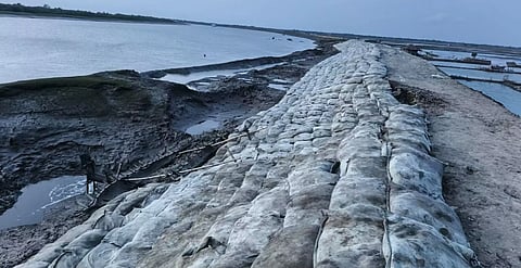 An embankment repair project along the Kapotaksha River in Khulna’s Koyra upazila.