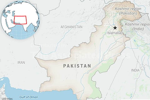 This is a locator map for Pakistan with its capital, Islamabad, and the Kashmir region.