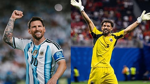 Argentina's Lionel Messi (L) and Cape Verde's Vozinha.