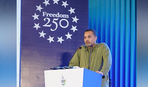 Mahdi Amin on Saturday speaks at an event at a hotel in the city marking the 250 years of US independence.