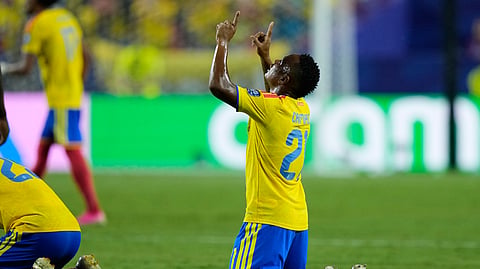 Colombia's Jaminton Campaz (21) reacts following the World Cup Round of 32 match between Colombia and Ghana in Kansas City on Saturday.