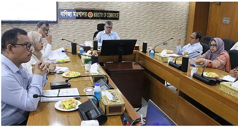 Commerce Secretary Md Ataur Rahman Khan addresses a workshop on strengthening market monitoring at the Ministry of Commerce in Dhaka on Sunday.