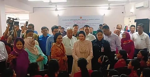 Dr Zubaida Rahman interacts with children during a visit to government-run child care and rehabilitation facilities in Tejgaon, Dhaka, on Monday.