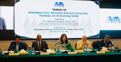 State Minister for Foreign Affairs Shama Obaed Islam, along with diplomats, academics and policymakers, attends a BIISS seminar on revitalising SAARC in Dhaka on Monday.
