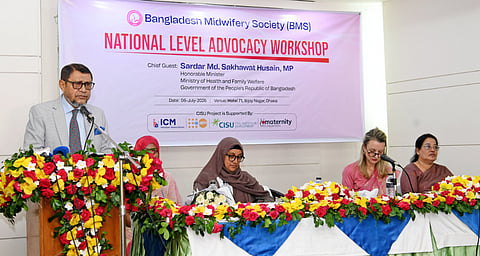 Health and Family Welfare Minister Sardar Sakhawat Husain on Monday speaks as a as the chief guest at a workshop organised by the Bangladesh Midwifery Society.