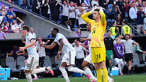 United States goalkeeper Matt Freese (24) reacts after Belgium scores their third goal during the World Cup Round of 16 match in Seattle on Tuesday