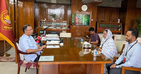 Prime Minister Tarique Rahman meets Fatema Tuz Zohra, mother of July uprising martyr Abdullah Bin Jahid, and her cancer-stricken son Mahmudullah Bin Jisan at his office in the Jatiya Sangsad Secretariat on Tuesday.