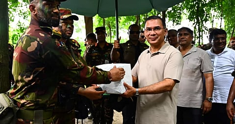 Prime Minister Tarique Rahman interacts with Bangladesh Army personnel during a surprise visit to a summer exercise in Singair, Manikganj, on Tuesday.