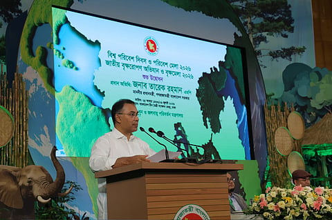 Prime Minister Tarique Rahman speaks during the event